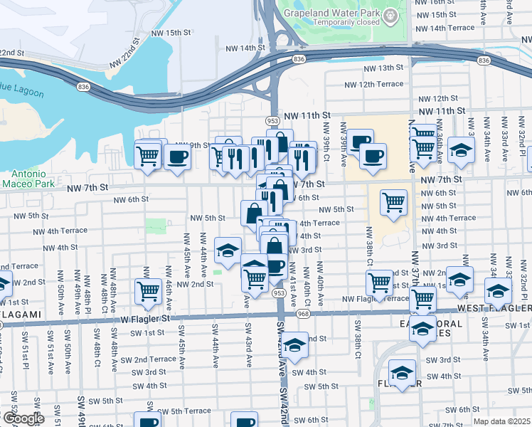 map of restaurants, bars, coffee shops, grocery stores, and more near 4236 Northwest 6 Street in Miami