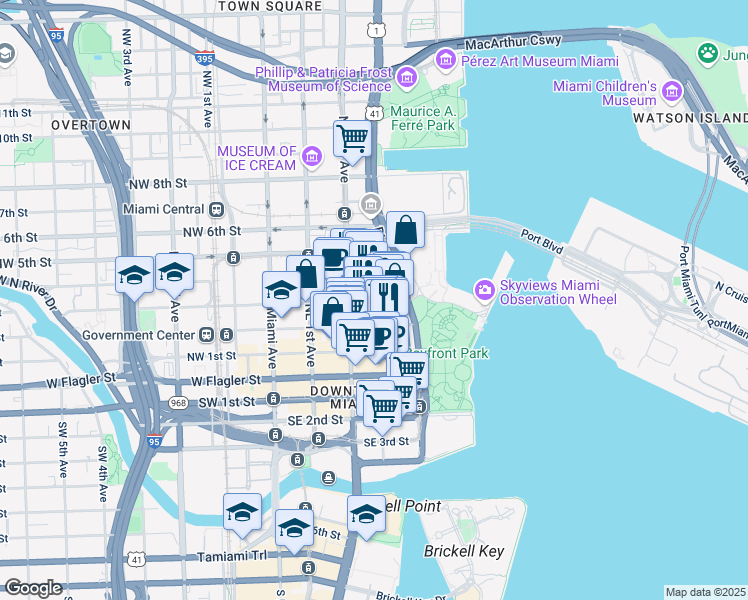 map of restaurants, bars, coffee shops, grocery stores, and more near 404 Northeast 2nd Avenue in Miami