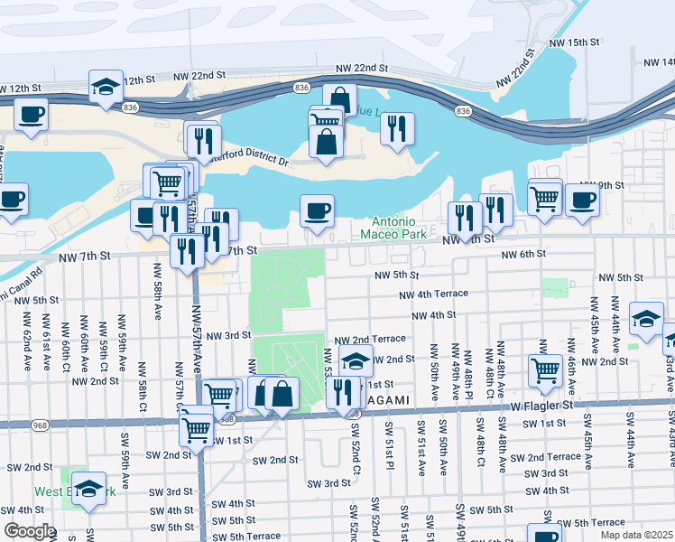 map of restaurants, bars, coffee shops, grocery stores, and more near 5271 Northwest 5th Street in Miami