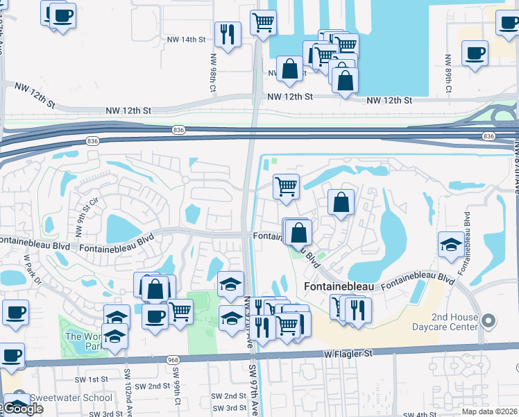 map of restaurants, bars, coffee shops, grocery stores, and more near 9621 Fontainebleau Boulevard in Miami