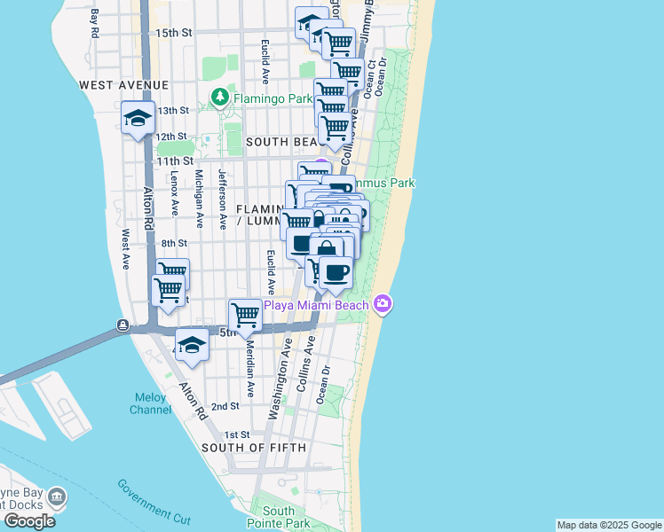 map of restaurants, bars, coffee shops, grocery stores, and more near in Miami Beach