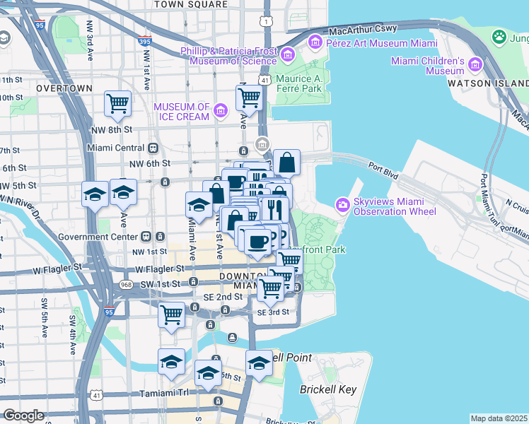 map of restaurants, bars, coffee shops, grocery stores, and more near 404 Northeast 2nd Avenue in Miami