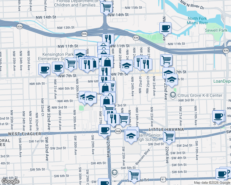 map of restaurants, bars, coffee shops, grocery stores, and more near in Miami