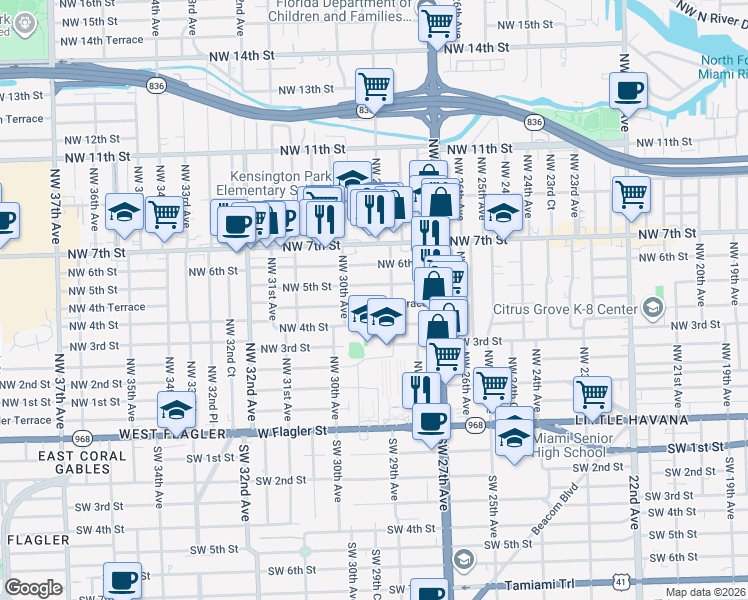 map of restaurants, bars, coffee shops, grocery stores, and more near 2860 Northwest 5th Street in Miami