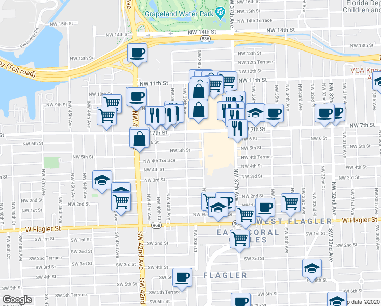 map of restaurants, bars, coffee shops, grocery stores, and more near 3889 Northwest 5th Street in Miami