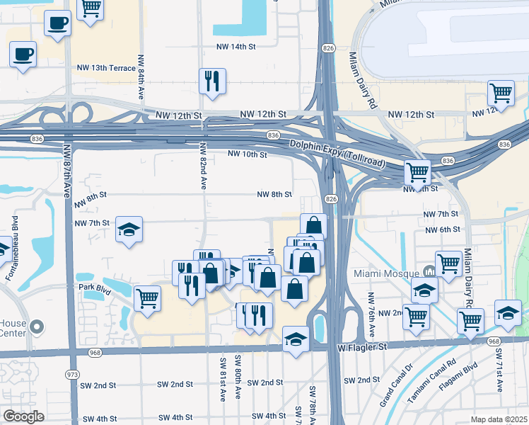 map of restaurants, bars, coffee shops, grocery stores, and more near 8025 Northwest 7th Street in Miami