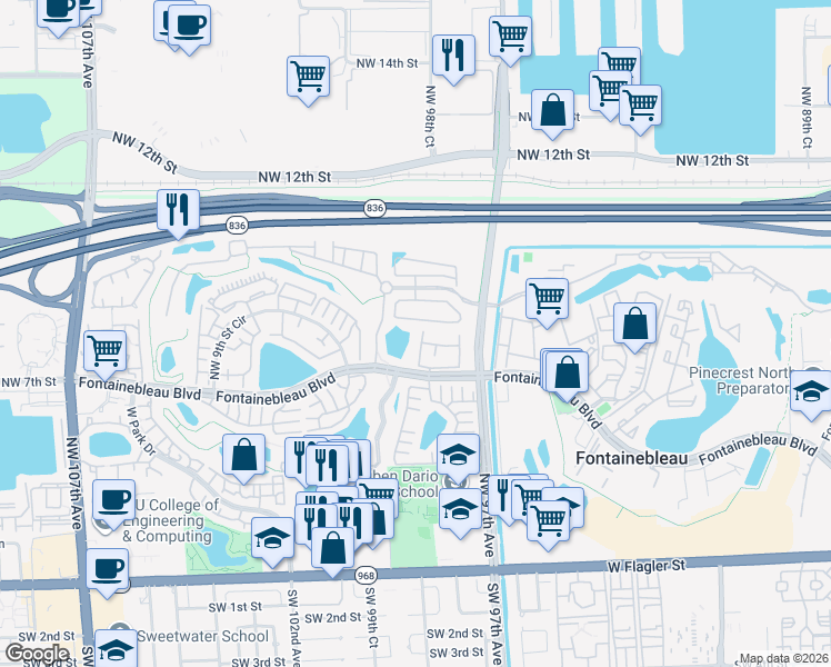map of restaurants, bars, coffee shops, grocery stores, and more near 9820 Northwest 8th Street in Miami