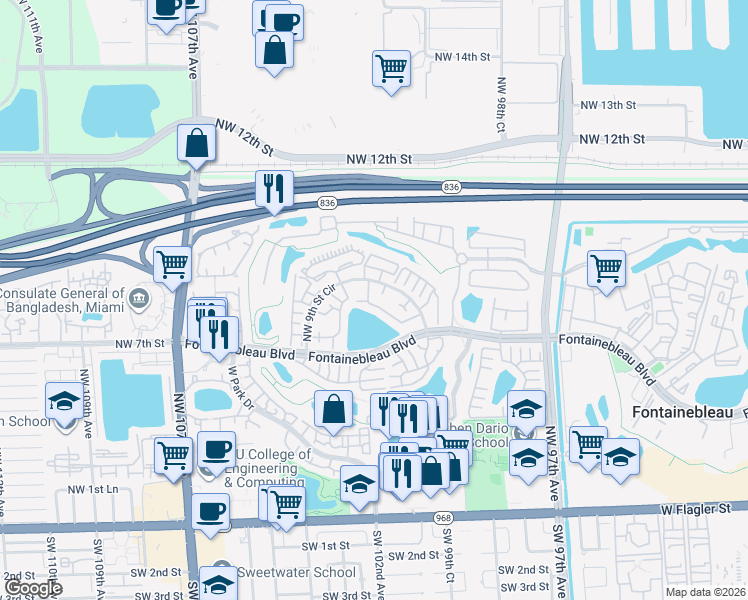 map of restaurants, bars, coffee shops, grocery stores, and more near 10040 Northwest 9th Street Circle in Miami
