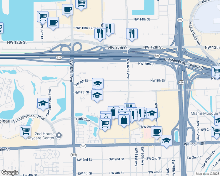 map of restaurants, bars, coffee shops, grocery stores, and more near 12 Northwest 84th Avenue in Miami