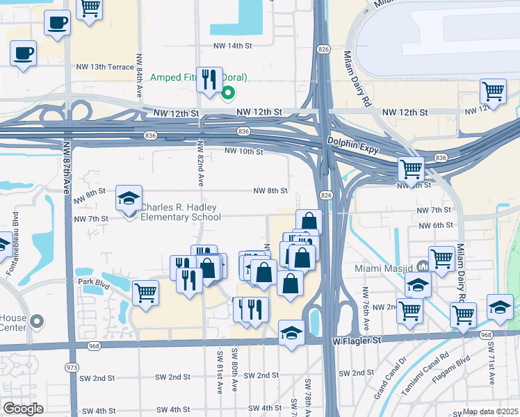map of restaurants, bars, coffee shops, grocery stores, and more near 8025 Northwest 7th Street in Miami