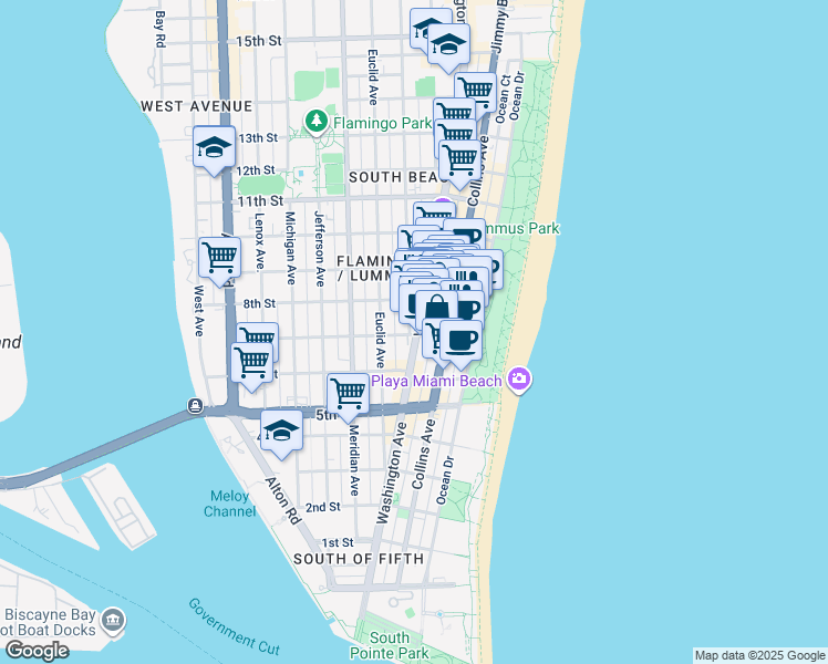map of restaurants, bars, coffee shops, grocery stores, and more near in Miami Beach