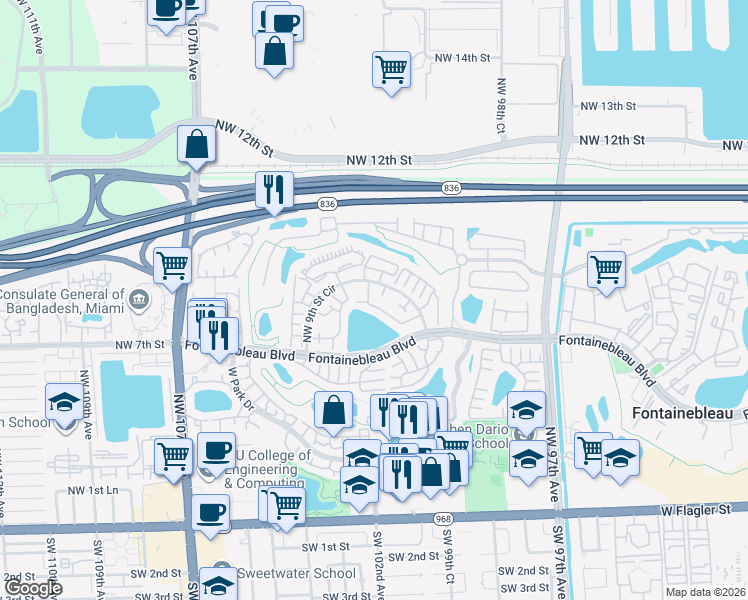 map of restaurants, bars, coffee shops, grocery stores, and more near 10040 Northwest 9th Street Circle in Miami