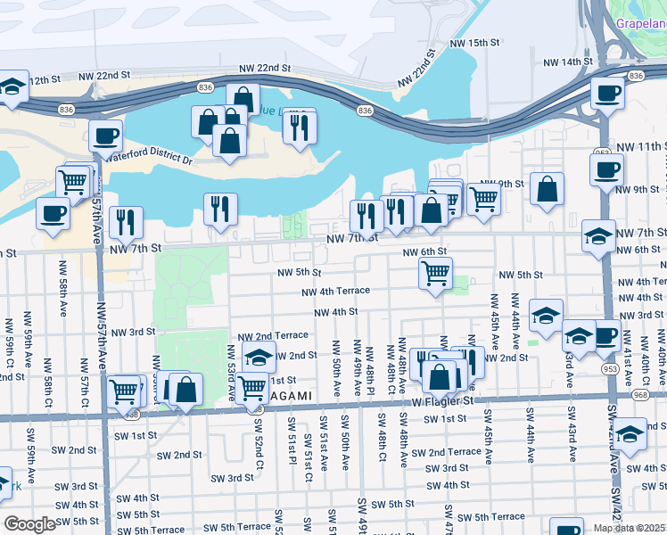 map of restaurants, bars, coffee shops, grocery stores, and more near 5057 Northwest 5th Street in Miami