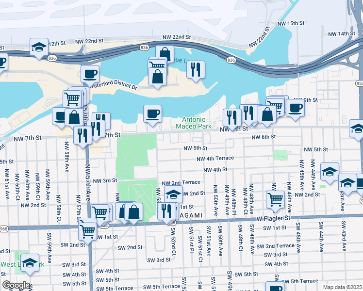 map of restaurants, bars, coffee shops, grocery stores, and more near 5191 Northwest 5th Street in Miami