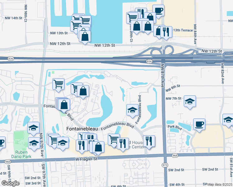 map of restaurants, bars, coffee shops, grocery stores, and more near 9195 Fontainebleau Boulevard in Miami