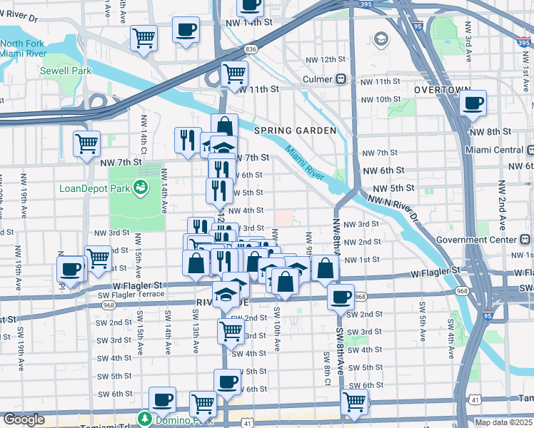 map of restaurants, bars, coffee shops, grocery stores, and more near 1057 Northwest 4th Street in Miami