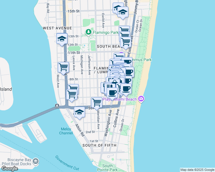 map of restaurants, bars, coffee shops, grocery stores, and more near 701 Euclid Avenue in Miami Beach