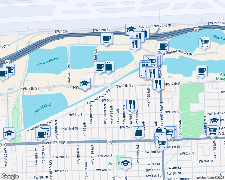 map of restaurants, bars, coffee shops, grocery stores, and more near 6060 Northwest 7th Street in Miami