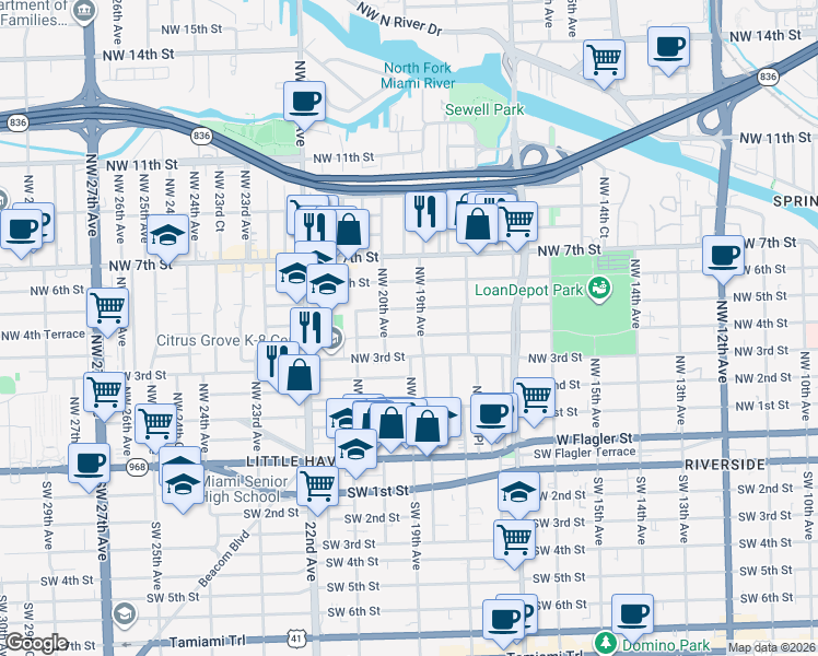 map of restaurants, bars, coffee shops, grocery stores, and more near 415 Northwest 20th Avenue in Miami