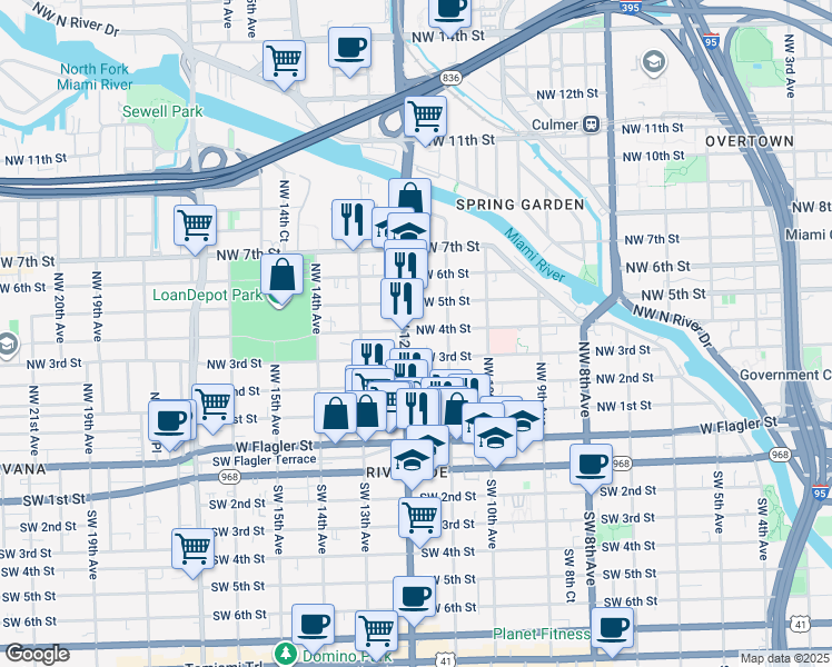 map of restaurants, bars, coffee shops, grocery stores, and more near 1160 Northwest 4th Street in Miami