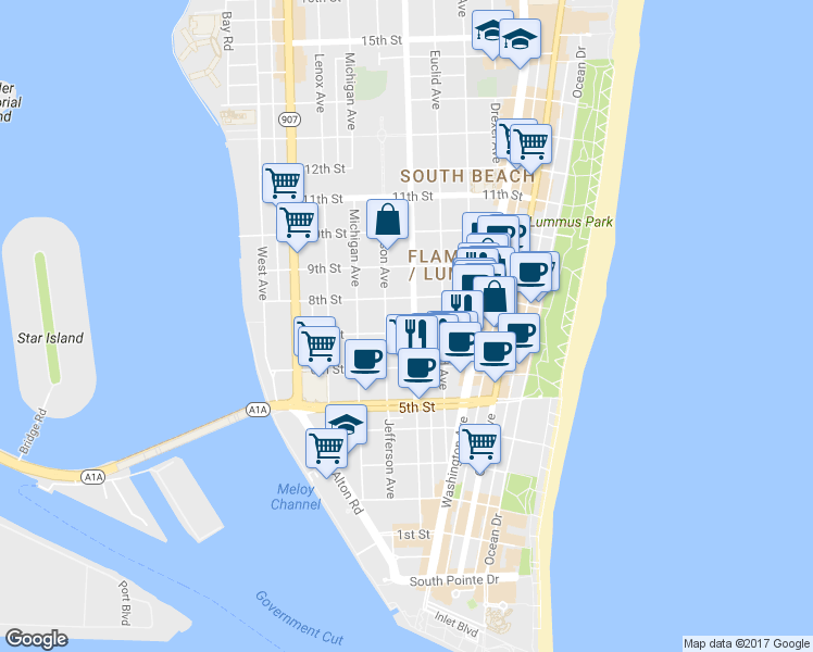 map of restaurants, bars, coffee shops, grocery stores, and more near 719 Meridian Avenue in Miami Beach