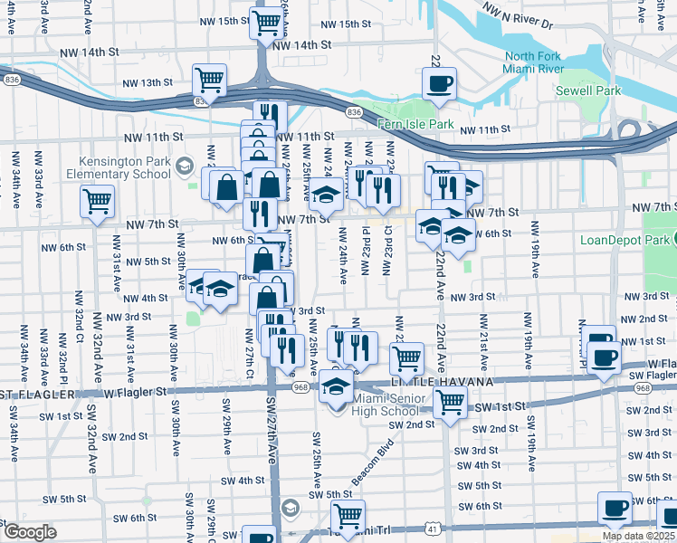 map of restaurants, bars, coffee shops, grocery stores, and more near 2460 Northwest 5th Street in Miami