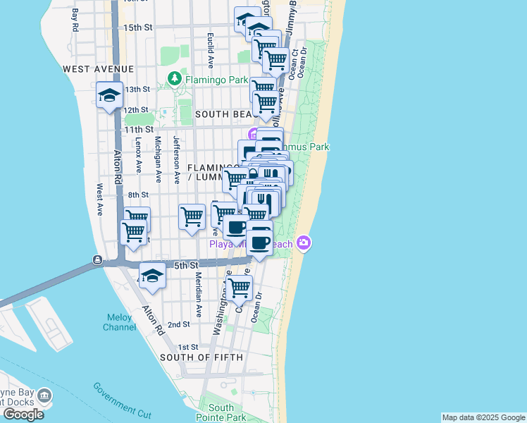 map of restaurants, bars, coffee shops, grocery stores, and more near 736 Ocean Drive in Miami Beach