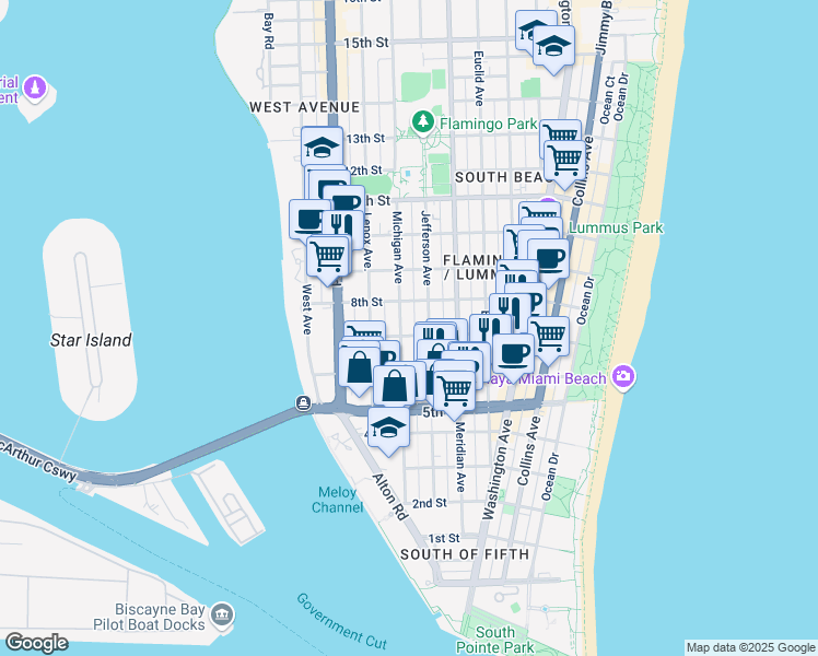 map of restaurants, bars, coffee shops, grocery stores, and more near 726 Jefferson Avenue in Miami Beach