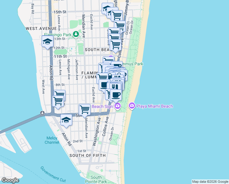 map of restaurants, bars, coffee shops, grocery stores, and more near 740 Ocean Drive in Miami Beach