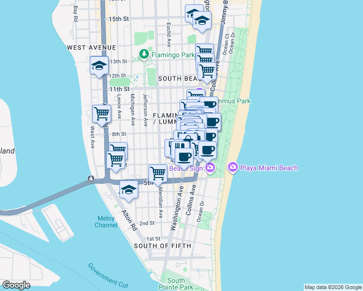 map of restaurants, bars, coffee shops, grocery stores, and more near 719 Euclid Avenue in Miami Beach