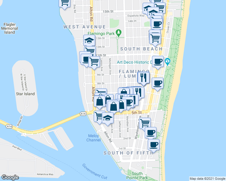 map of restaurants, bars, coffee shops, grocery stores, and more near 726 Jefferson Avenue in Miami Beach