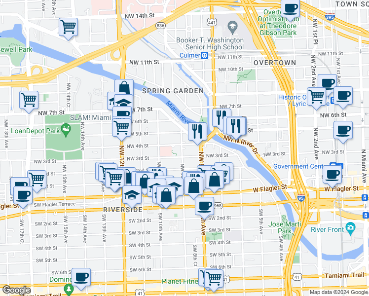 map of restaurants, bars, coffee shops, grocery stores, and more near in Miami