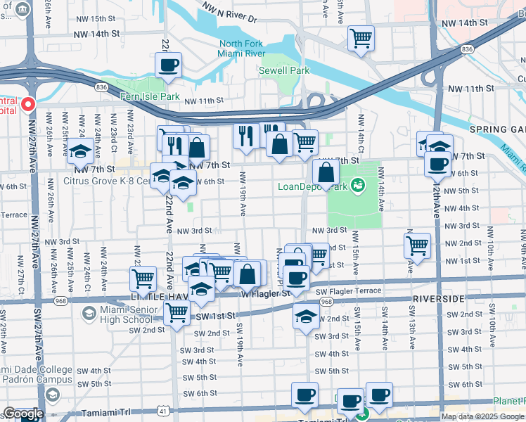 map of restaurants, bars, coffee shops, grocery stores, and more near 1862 Northwest 5th Street in Miami