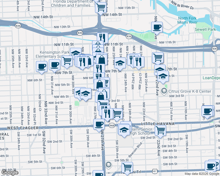 map of restaurants, bars, coffee shops, grocery stores, and more near in Miami