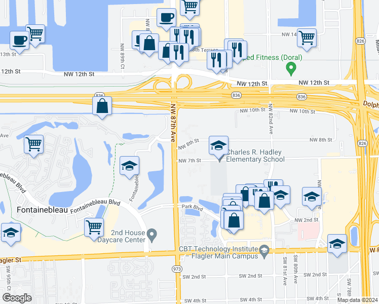 map of restaurants, bars, coffee shops, grocery stores, and more near 8566 Northwest 8th Street in Miami