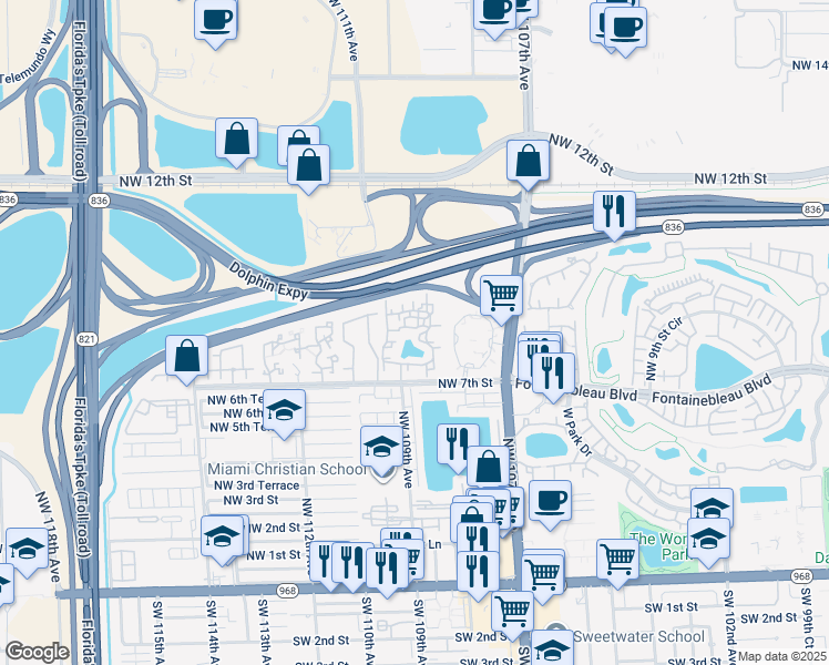 map of restaurants, bars, coffee shops, grocery stores, and more near 10827 Northwest 7th Street in Miami