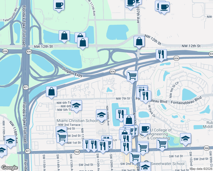 map of restaurants, bars, coffee shops, grocery stores, and more near 10827 Northwest 7th Street in Miami