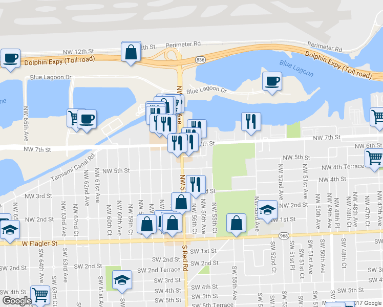 map of restaurants, bars, coffee shops, grocery stores, and more near 645 N Red Rd in Miami