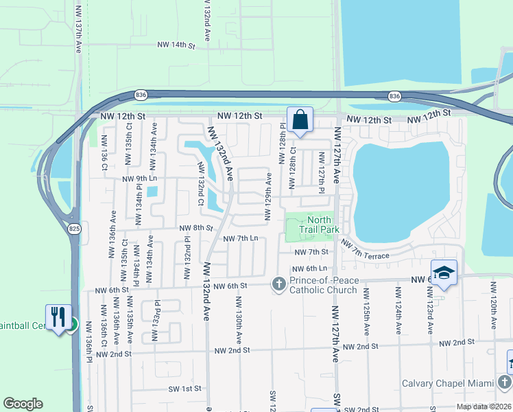 map of restaurants, bars, coffee shops, grocery stores, and more near 12955 Northwest 8th Lane in Miami