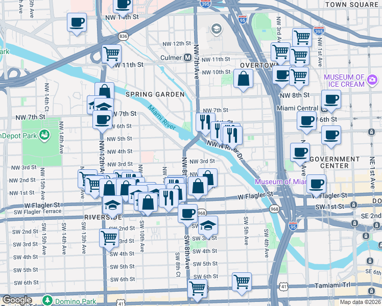 map of restaurants, bars, coffee shops, grocery stores, and more near 370 Northwest 8th Avenue in Miami