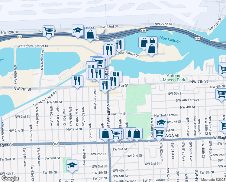 map of restaurants, bars, coffee shops, grocery stores, and more near 645 Northwest 57th Avenue in Miami