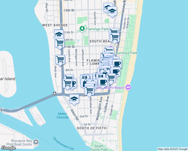 map of restaurants, bars, coffee shops, grocery stores, and more near 700 Euclid Avenue in Miami Beach