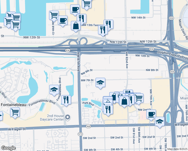 map of restaurants, bars, coffee shops, grocery stores, and more near 8517 Northwest 7th Street in Miami