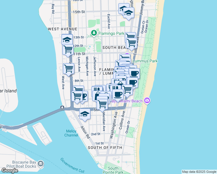 map of restaurants, bars, coffee shops, grocery stores, and more near 719 Meridian Avenue in Miami Beach