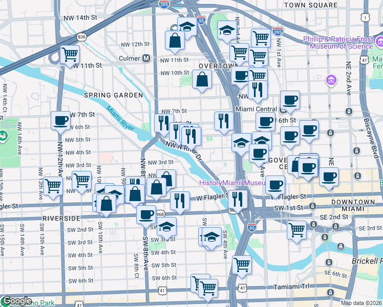 map of restaurants, bars, coffee shops, grocery stores, and more near 398 Northwest North River Drive in Miami