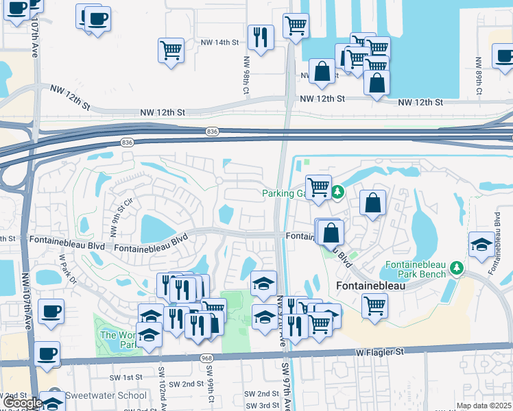 map of restaurants, bars, coffee shops, grocery stores, and more near 9738 Northwest 8th Terrace in Miami