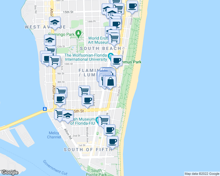 map of restaurants, bars, coffee shops, grocery stores, and more near 721 Collins Court in Miami Beach