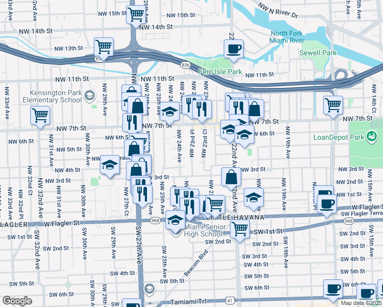 map of restaurants, bars, coffee shops, grocery stores, and more near 450 Northwest 23rd Place in Miami