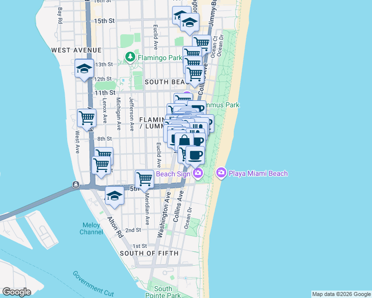 map of restaurants, bars, coffee shops, grocery stores, and more near 720 Collins Avenue in Miami Beach