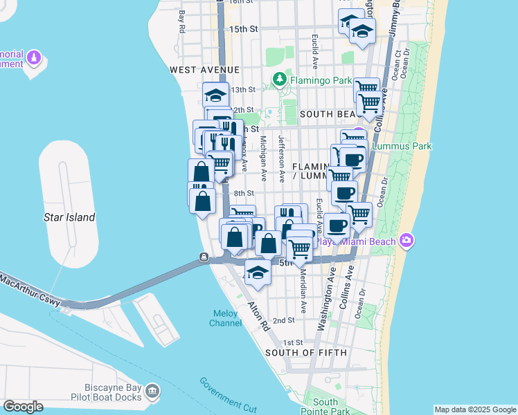 map of restaurants, bars, coffee shops, grocery stores, and more near 725 Lenox Avenue in Miami Beach